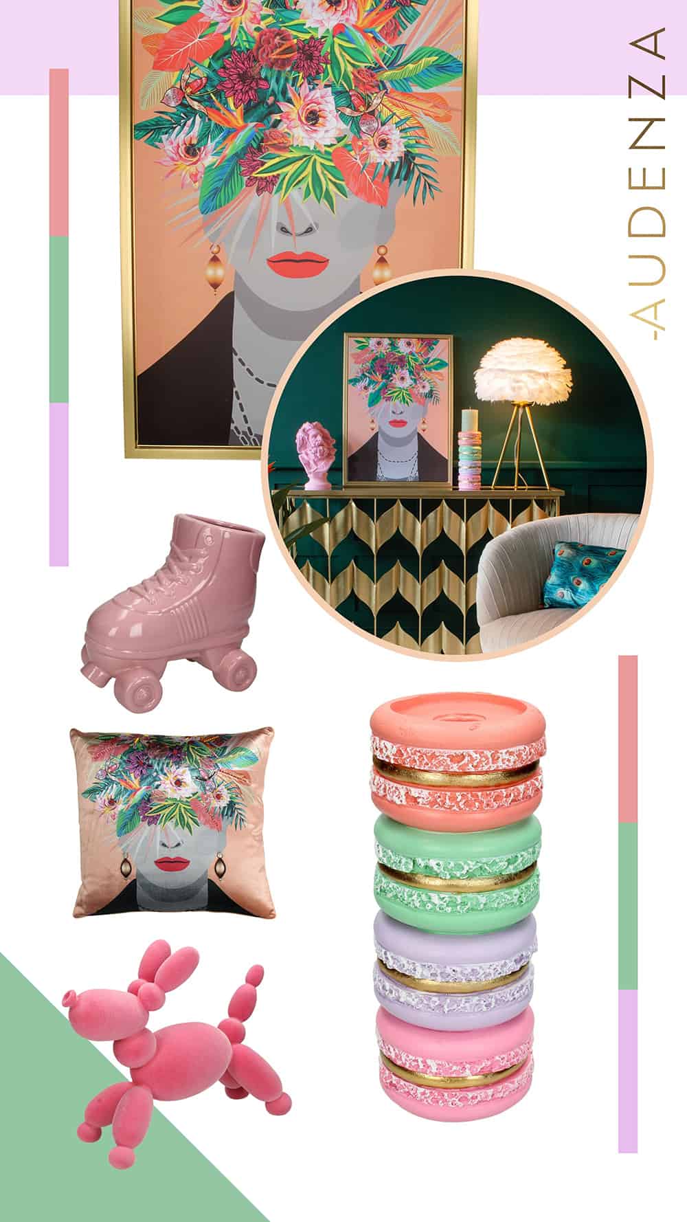 New kitsch homewares in gorgeous pastel colours. From candleholders in flocked pink, pastel macaron candle holders, to the ever popular Frida Kahlo style design on cushions and prints.