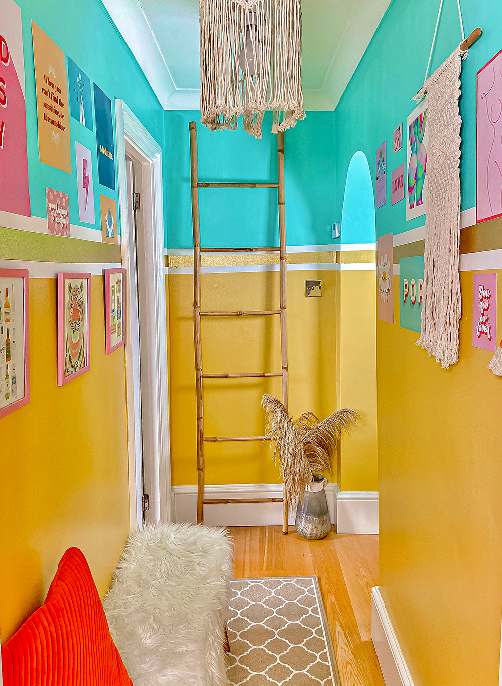 Colour blocking interior inspiration. Turquoise and mustard yellow hallway decor
