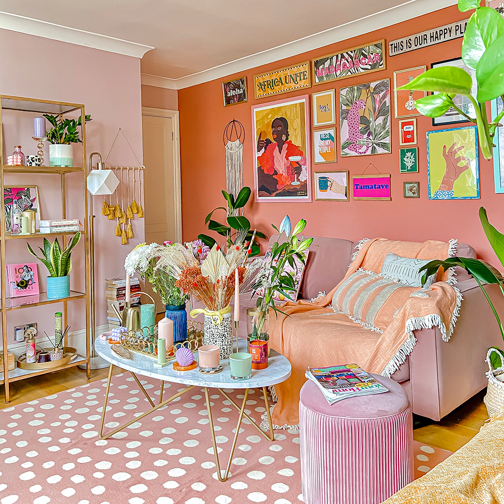 Colourful, bohemian rental home in pink and orange with a stunning gallery wall
