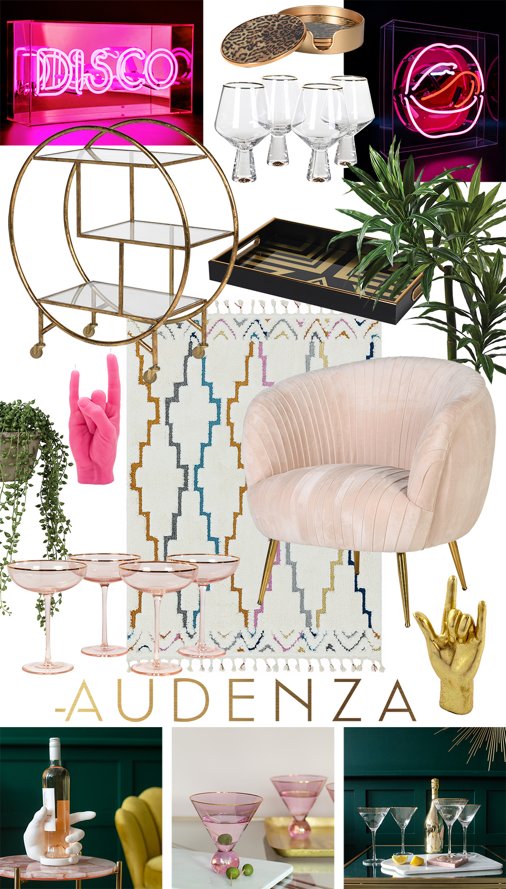 Everything you need to style your own home bar from Audenza. From cool glassware, to neon lights, to bar carts.