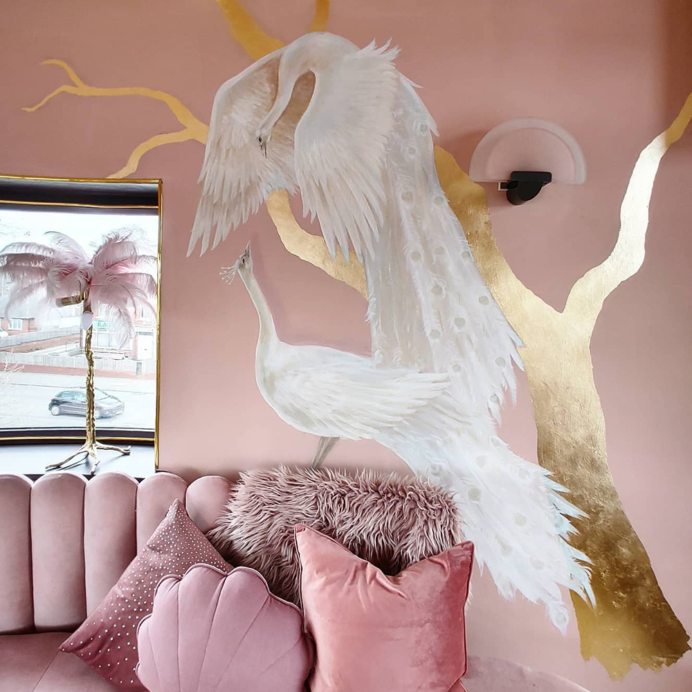 Siobhan Murphy's pink and gold home bar, with hand painted gold foil wall mural by Bland Design