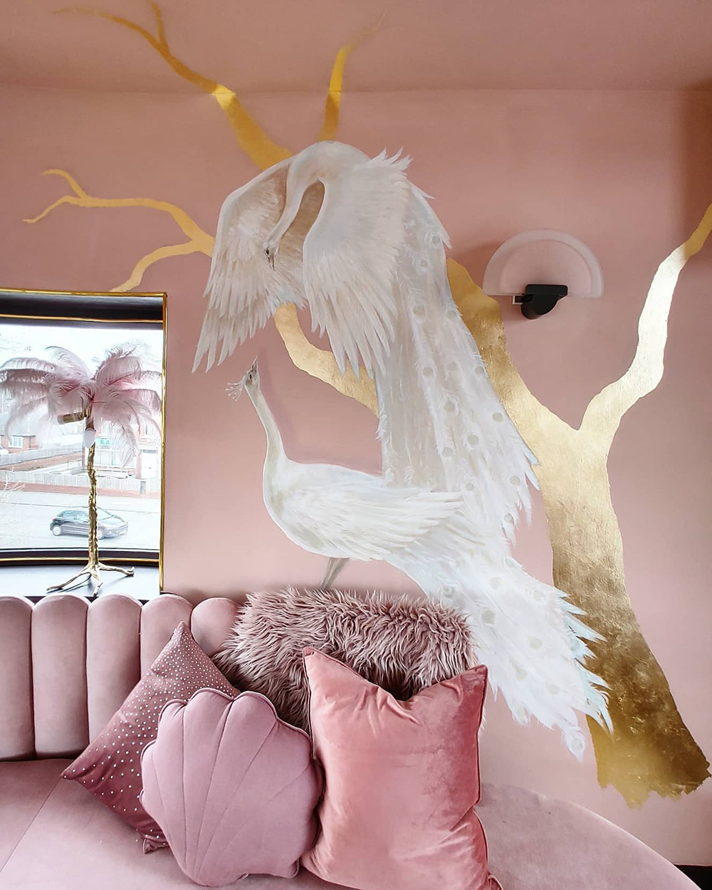 Siobhan Murphy's pink and gold home bar, with hand painted gold foil wall mural by Bland Design