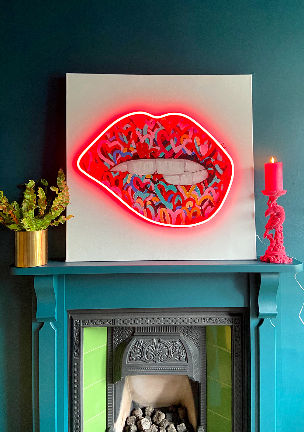 Statement artwork - red lips canvas with red neon lights