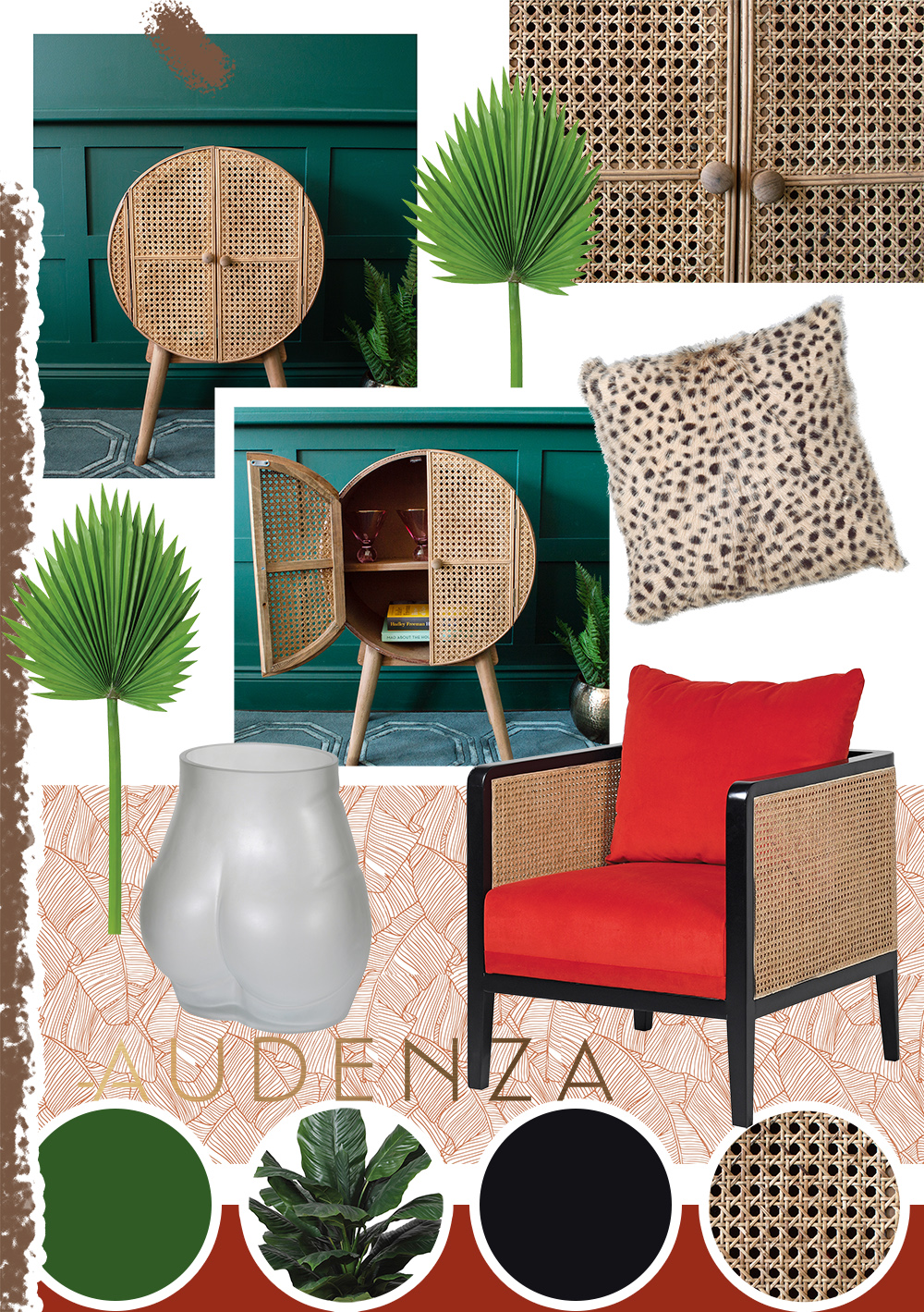 The Natural Elements interior moodboard is perfect for those who love 70’s inspired decor. Combine rattan furniture, with lush house plants and fur textiles to create warmth and texture in your home.