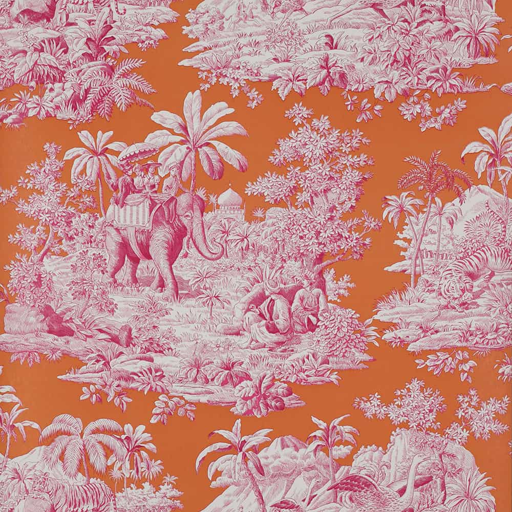Inspiring colouful wallpapers - Bengale in paprika, by Manuel Canovas, is a beautifully rendered Indian toile design in orange and pink