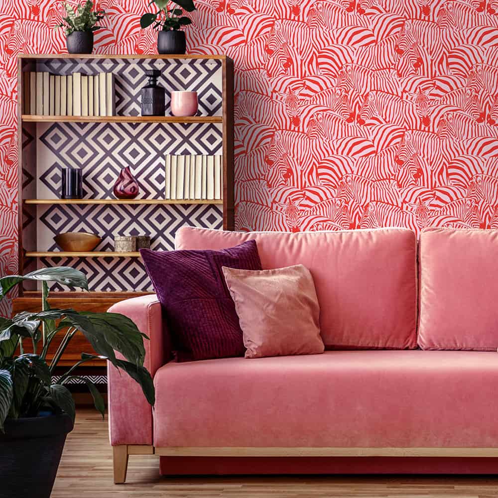 Bold patterned wallpaper inspiration. Hide and Seek wallpaper in red and pink, by Lust Home. Zebra print wallpaper