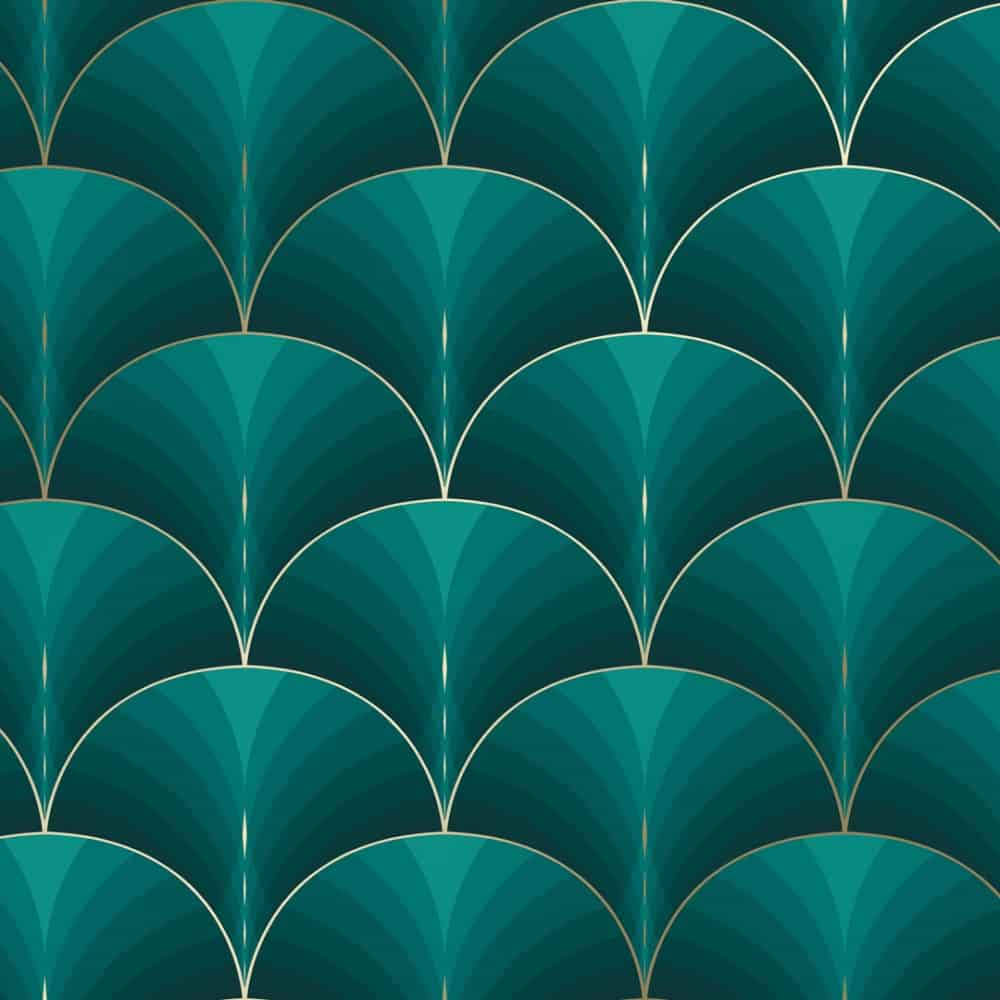 Bella wallpaper in green, by I Love Wallpaper is a stunning art deco design. The deco fan design is depicting in a rich, jade green colour