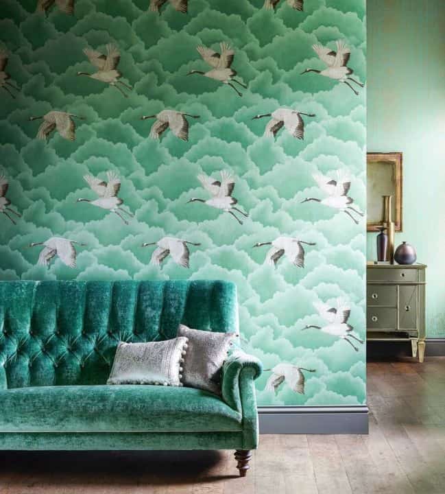 Inspiring colourful wallpapers - Cranes in Flight wallpaper is from Harlequin and is a gorgeous depiction of clouds and cranes in shades of green