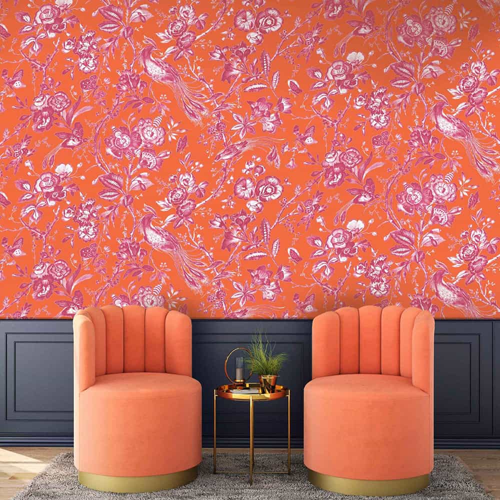 Colourful wallpaper inspiration. Plumage, in orange and fuchsia, by Woodchip and Magnolia