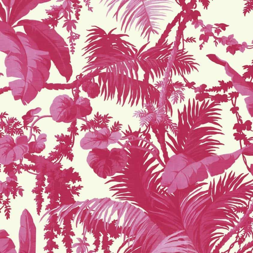 Pampas wallpaper, in off white and fuschia, by House of Hackney is a fabulous depiction of banana leaves, ferns and grasses