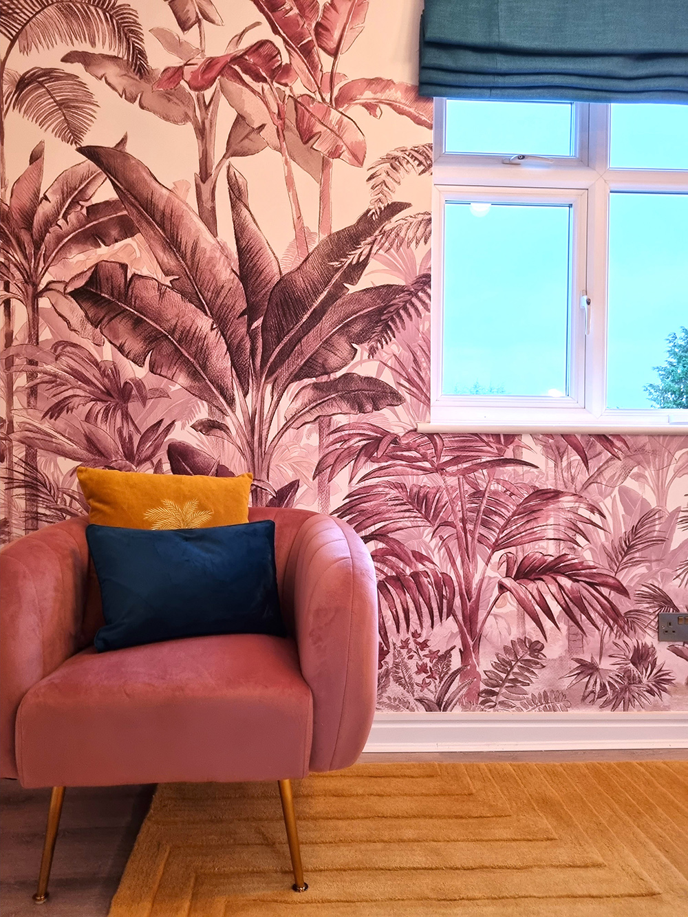 Gorgeous red tropical wallpaper and mustard bedroom designed by Sophie Robinson for Dream Home Makeovers tv show, featuring a gorgeous Mustard Wool Carved Rug by Audenza 