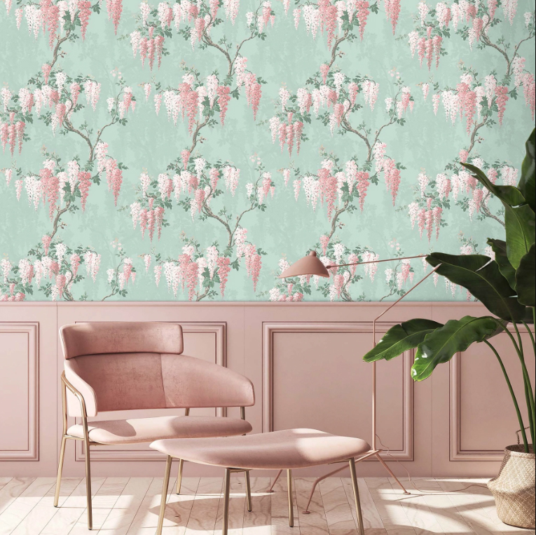 Pink and green interior colour inspiration. We adore this Wisteria wallpaper by Woodchip and Magnolia