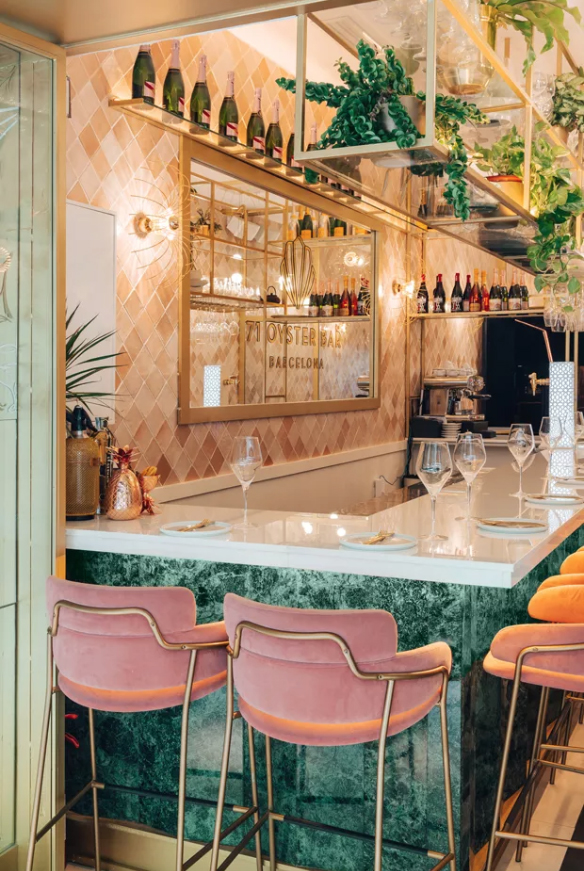 Pink and teal interior inspiration. Gorgeous restaurant decor with teal bar and pink velvet bar stools