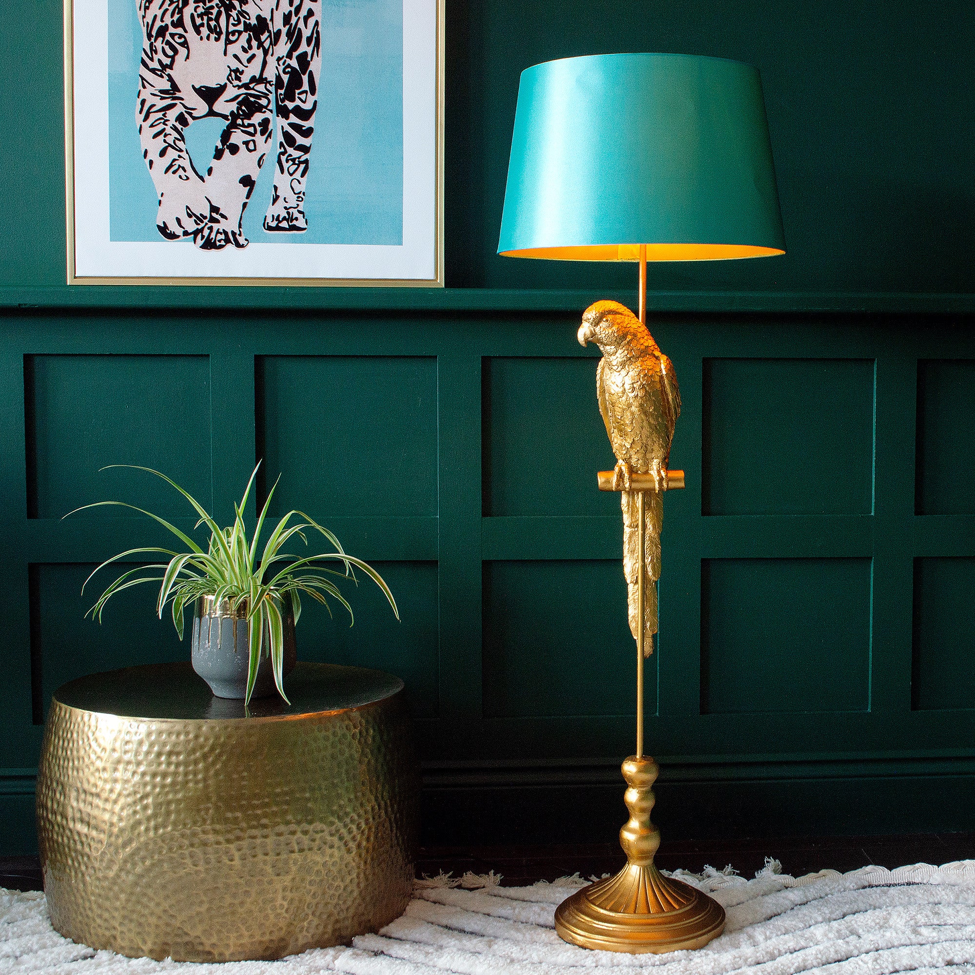 Golden parrot floor lamp with turquoise shade